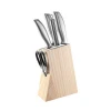 Kitchen Knife Block Set, 6 Piece Stainless Steel Handle Kitchen Knives Set with Wooden Block, Manual Kitchen Knife Sharpener