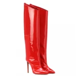 Ladies Heeled Winter ShoesWomen High Heel Shiny Green Slouch Long Boots Red Patent Leather Pointed Toe Knee High Boots