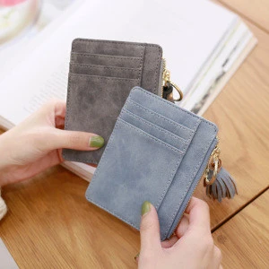 Leather Mini Tassel Women Card Holder Cute Credit ID Card Holders Zipper Wallet Case Change Coin Purse Keychain