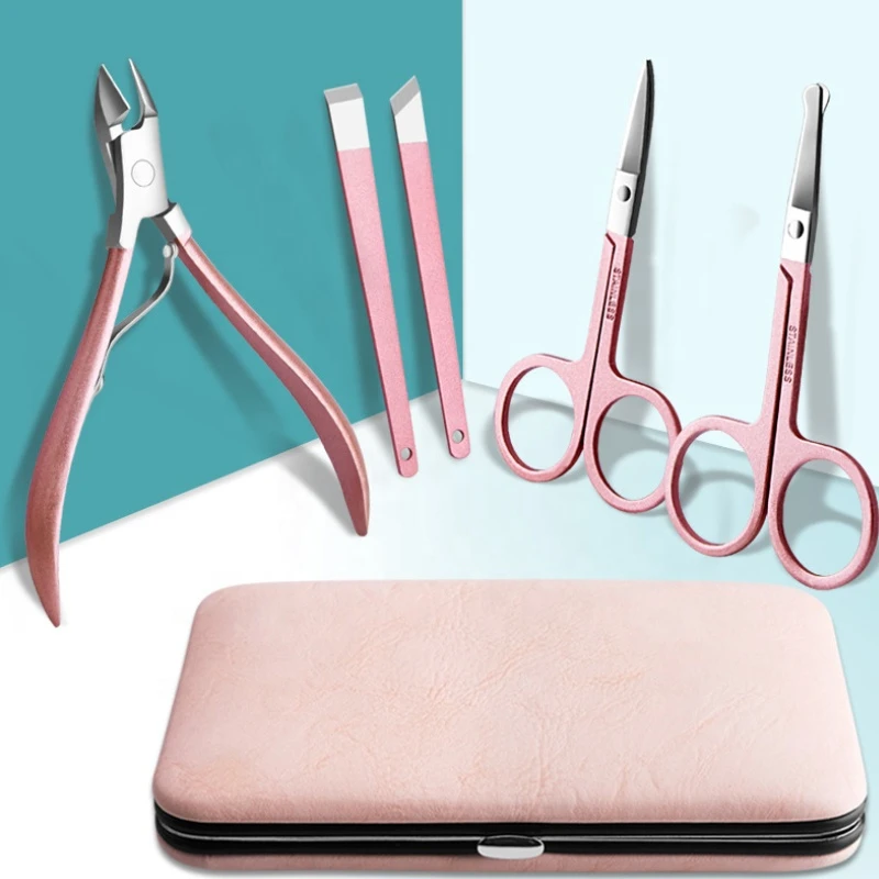 Manicure Set Nail Clippers Kit 18 in 1 Grooming Kit Stainless Steel Pedicure Set Pink Painting Pink Leather Case,Eyebrow Razor