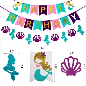 Mermaid Party Supplies Birthday Decorations Happy Birthday Banners Pom Poms Flowers Hanging Swirl Balloons for Girl&#39;s Birthday