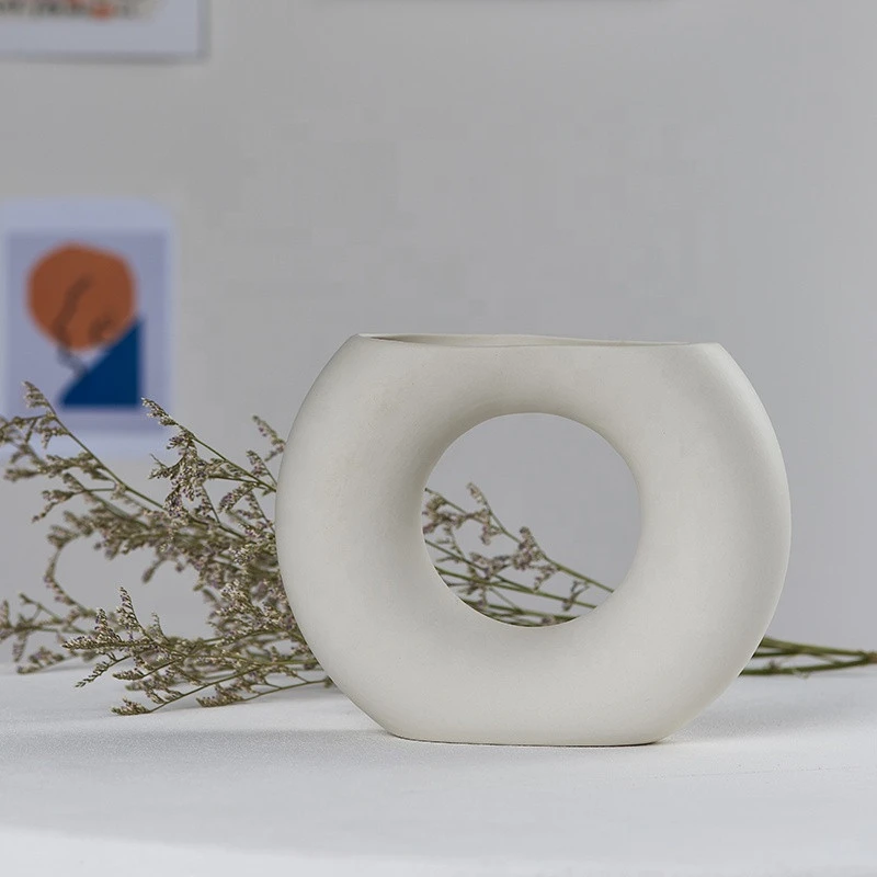 Modern Decorative Handmade Art Porcelain Matte White Half Round Shape Ceramic Pot Irregular Flower Vase Nordic INS Style