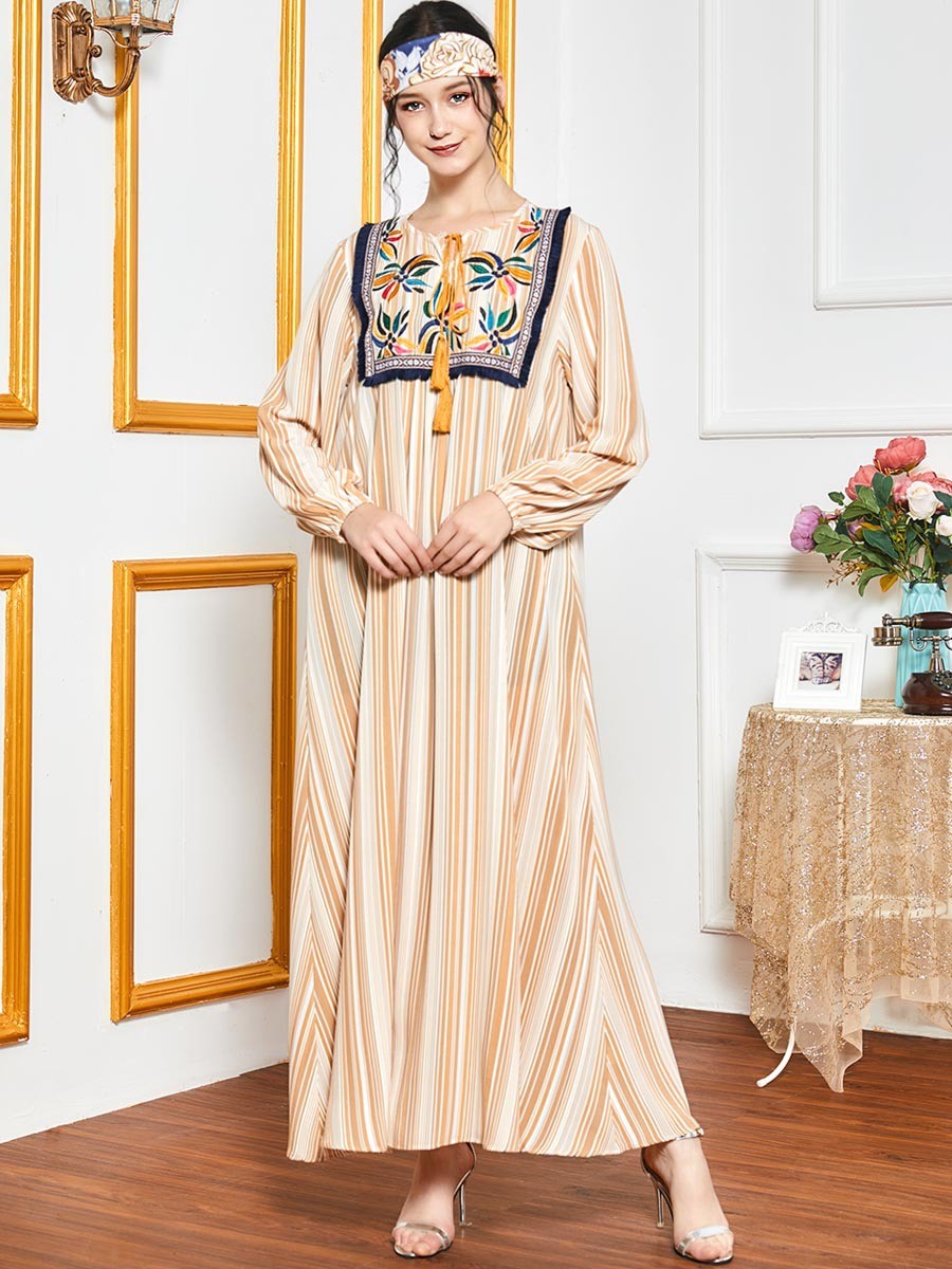 Modern latest  fashion islamic clothing striped embroidered dress