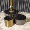 Modern luxury design gold metal base stainless steel black glass coffee table for living room furniture centre table set 3-piece