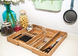 Natural Expandable Bamboo Kitchen Cutlery Drawer Organizer Build in Knife Holder Totally Bamboo Utensil Tray Silverware Holder