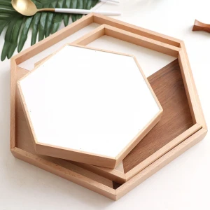 New Arrival Wholesale antique Hexagon Miki Color Stitching Wooden Serving Tray