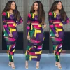 New Arrivals Fashion Colorful Print Wrap Skirt Suit Two-piece Long Sleeves Casual Dresses Plus Size Women Club Dress
