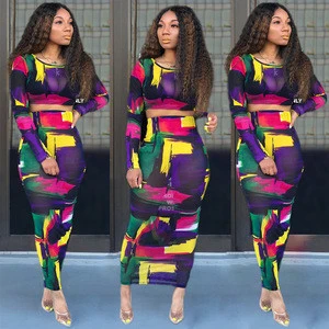 New Arrivals Fashion Colorful Print Wrap Skirt Suit Two-piece Long Sleeves Casual Dresses Plus Size Women Club Dress