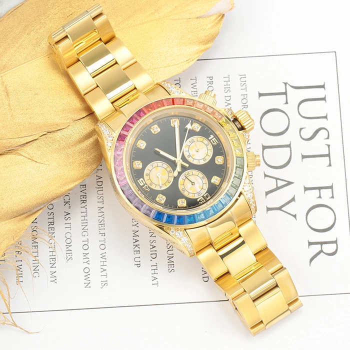 New brand luxury 18k gold plated multicolor 3A CZ diamond stainless steel mens wrist watch
