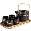 New Design Japanese Style Antique Black Color Royal Ceramic Porcelain Marble Tea Sets Coffee Set with Wooden Saucer