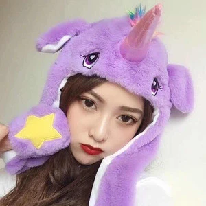 New LED Musical Fashion Bunny Rabbit Ear Plush Hat Movable Jumping Rabbit Ear Funny Cute Stuffed Animals Toys Plush Hat