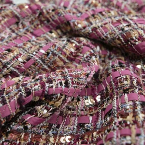 New Style RTS Fancy Design Tweed Fabric Pink Yarn With Shiny Gold Metallic Sequins Polyester for Ladies
