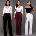New Women Cheap Wholesale Factory Price New Women Fashion Double-breasted Long Horn Pants Casual Flared Trousers Pants