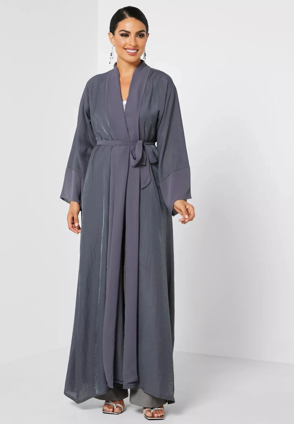 Oem Custom Islamic Dubai High Fashion Plus Size Front Open Plain Satin Colorblock Abaya Kimino Kaftans With Belt