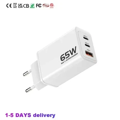 OEM Custom Super Fast Charger 65W GaN Charger Dual Ports Pd 3.0 USB C Power Adapter Type C Wall Charger 65W for Mobile Phone Laptop Tablet