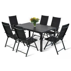 Outdoor garden sling dining chairs plastic wooden table furniture