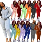 Pink Solid Color Zipper Jacket Casual Fitness Sports Jogging Pants 2 Piece Tracksuits Women Fall Winter Custom Sweatsuit Set