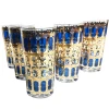 Promotional Vintage Mid Century Blue And gold Leaf Bar Glasses Set Gold Etched Drinking Glass Highball Glass tumbler
