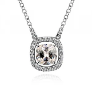 Pure 925 Silver Square Halo Pendant Necklace Jewellery
