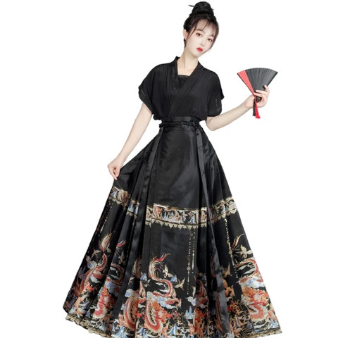 Red Color Hanfu Womens Summer New Full Set Ancient Chinese Style Woven Gold Textile Makeup Flower Horse Face Skirt