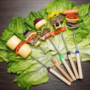 Retractable BBQ Fork Telescoping Barbecue Roasting Fork Extending Roasting Stick with Wood Handle Campfire BBQ Tools