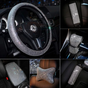 Shining Rhinestones Crystal Car Steering Wheel Cover Gear Shift Cover PU Leather Steering-wheel covers Auto Accessories Case