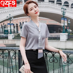 silk womens shirt lace up high end new silk top bow ribbon short sleeve blouse in summer Korean Blouse