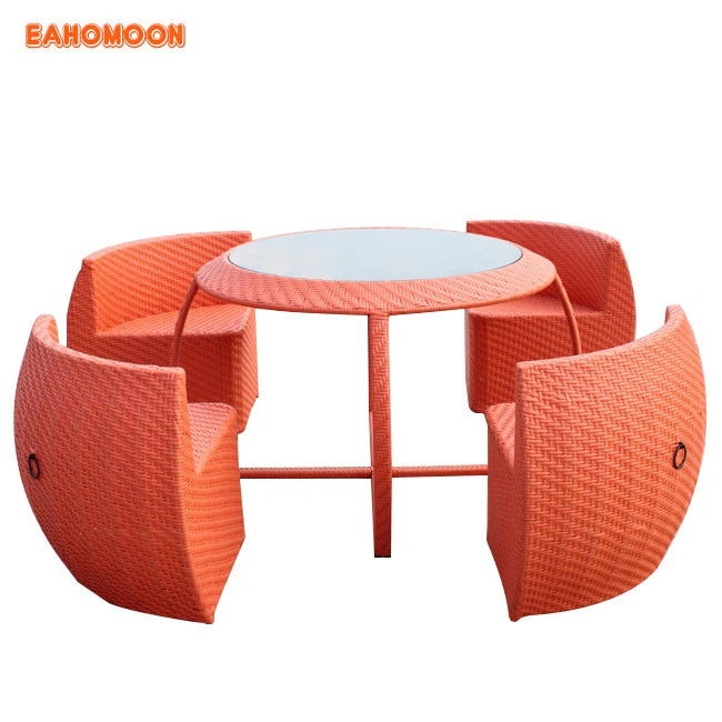 Space save outdoor garden orange wicker synthetic rattan furniture for 4 person restaurant dining tables and chairs