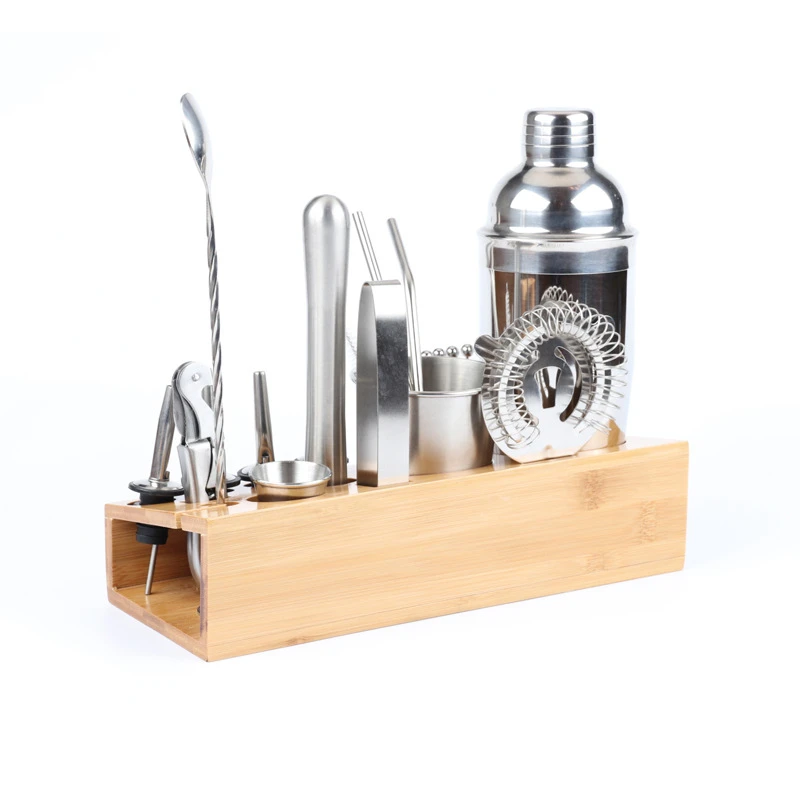 stainless steel cocktail shaker premium shaker mixer 21pcs bartender kit bar tools with novalty bamboo stand