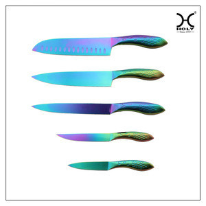 Stainless steel hollow handle kitchen knife set with PVD colorful titanium