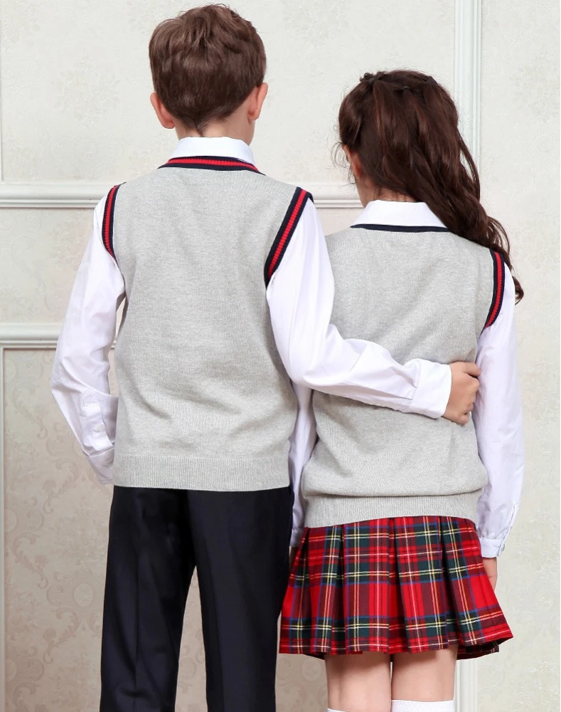 Sweater factory custom kids school uniform knit vest design high quality grey sleeveless vest bulk school uniforms
