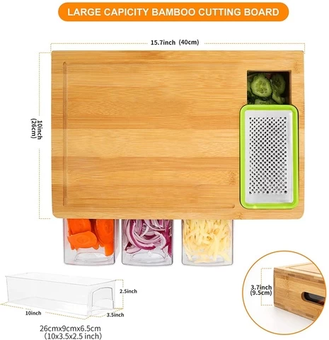 Top selling wood chop cut board with drawers tray grater organic bamboo cutting board with containers
