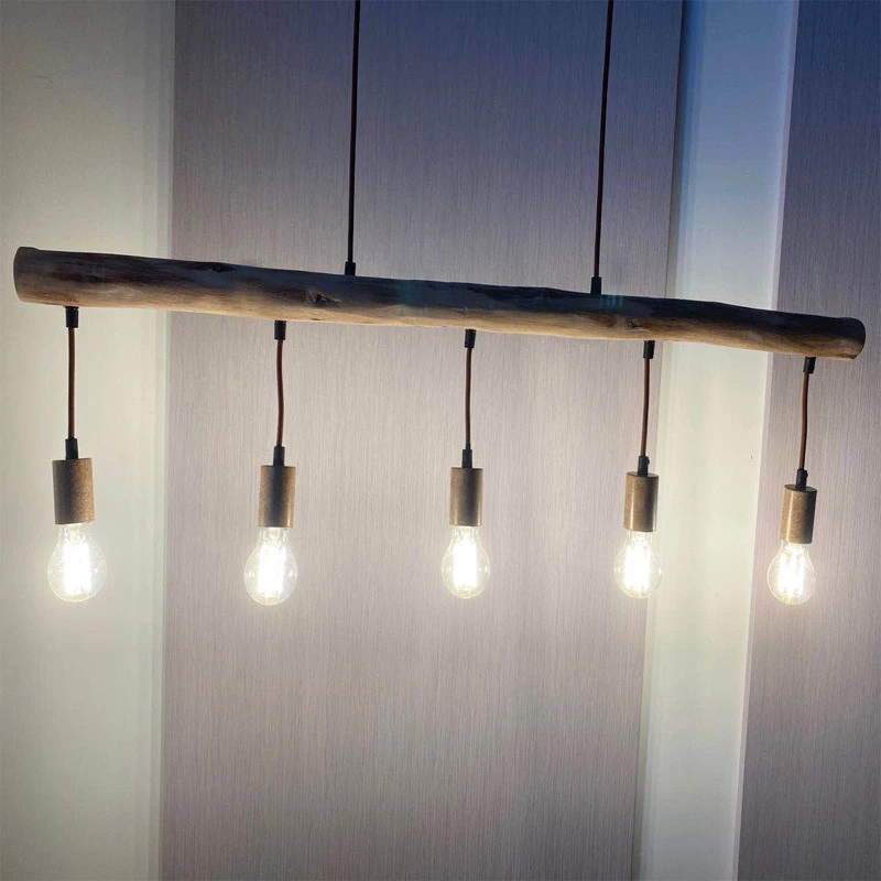 Traditional 5 Head Line E27 Socket Bulbs Round Wood Beam Rural Style Retro Lights Wood Pendant Lights For Coffee Shop