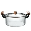 transparent heat resistant round pyrex glass casserole soup cooking pot with wooden handles