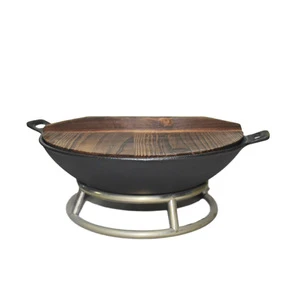 Two ears big  commercial restaurant usage cast iron chinese wok with wooden lid and bracket wholesale cookware set
