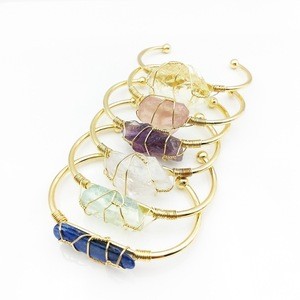 Unique Natural Raw Crystal Gemstone Bracelet Handmade Gold Plated Wire Wrapped Quartz Bracelets Bangles for Women Jewelry
