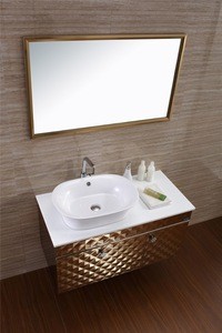 Wall Mounted Single Basin Antique Golden Stainless Steel Bathroom Vanity Cabinet 083