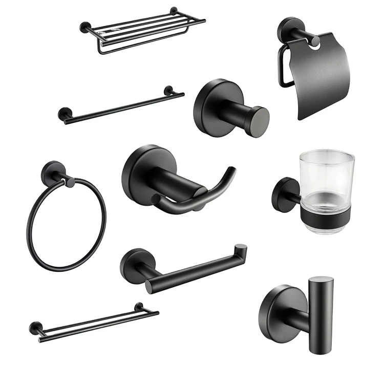 Wholesale Bathroom Accessories Set Matte Black China Stainless Steel Hotel Black Bathroom Accessories Set For Sale