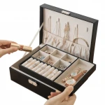 wholesale earring Ring Necklace  Girls  With lock jewelry box Organizer velvet jewelry Storage PU leather  jewelry  Boxes