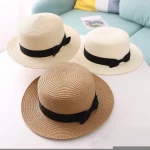 wholesale lady boater Sun hat Flat top Straw Beach hat round summer sun panama hat
