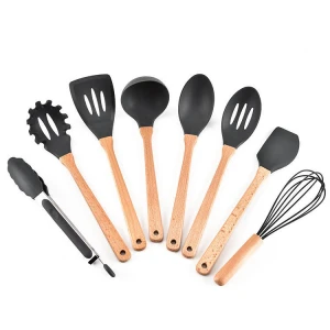 Wholesale Silicone 8pcs Wood Handle Nonstick Cookware Cooking Tool Sets with Storage Holder for Home Kitchen