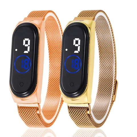 Wholesale Student Sport Magnet Buckle Mesh Belt Unisex Wristwatch LED Touch Screen Electronic Wrist Digital Watch for Women Men