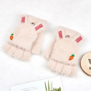 Winter thickening warm gloves, fashion cartoon rabbit head carrot gloves, imitation mink wool knitted gloves