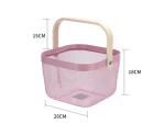 Wire Mesh Open Bin Shelf Storage Basket Organizer, Fruit Basket Shopping Storage with Wood Handle