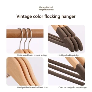 Wooden Clothes Hangers Manufacturer Clothing Store Anti-Slip Solid Wood Flocking Hanger Hotel Clothes Rack Velvet Wood Hangers