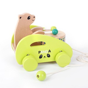 Wooden creative sounding toy  bear pull cart toy panda drumming car