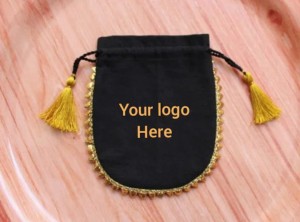 BLACK cotton fabric tassel pouch with golden lase , custom logo pouches jewelry pouches coin pouches hand bags gift bags