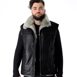 Handmade Warm Black Sheepskin Men Vest for Every Season, Genuine Material, 100 Percent Natural Sheepskin