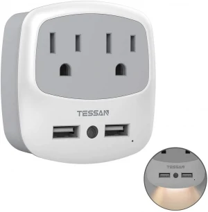 TESSAN TS-WM02 Double Power Outlet Expander with Dual USB Wall Charger and Night Light Adapter, Mini Phone Charger