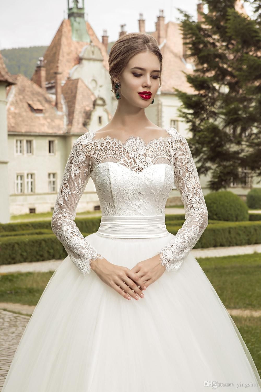 Buy Gorgeous Boat Neck Wedding Dresses With Long Sleeves A-line Tulle ...